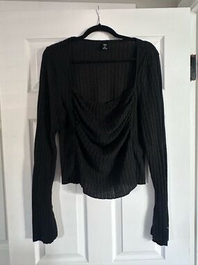 Black Ribbed Long Sleeve Draped Front Top